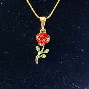 Gold Red Rose Pendant with Gold Chain Necklace New
